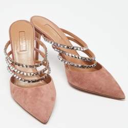 Pre Owned Aquazzura Pink Suede Crystal Embellished Donata Mules Size 38