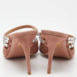 Pre Owned Aquazzura Pink Suede Crystal Embellished Donata Mules Size 38
