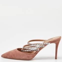 Pre Owned Aquazzura Pink Suede Crystal Embellished Donata Mules Size 38