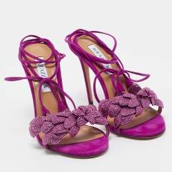 Pre Owned Aquazzura Purple Suede Monaco Embellished Ankle Wrap Sandals Size 38.5