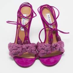 Pre Owned Aquazzura Purple Suede Monaco Embellished Ankle Wrap Sandals Size 38.5
