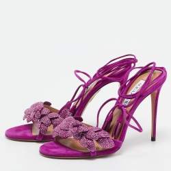 Pre Owned Aquazzura Purple Suede Monaco Embellished Ankle Wrap Sandals Size 38.5