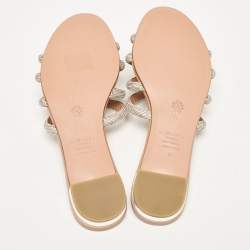 Pre Owned Aquazzura Silver Leather Crystal Embellished Flat Sandals Size 40
