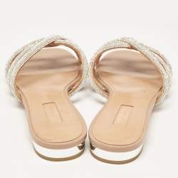 Pre Owned Aquazzura Silver Leather Crystal Embellished Flat Sandals Size 40
