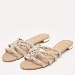 Pre Owned Aquazzura Silver Leather Crystal Embellished Flat Sandals Size 40