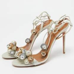 Pre Owned Aquazzura Metallic Glitter Suede Disco Thing Ankle Tie Sandals Size 39.5