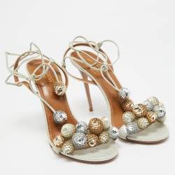 Pre Owned Aquazzura Metallic Glitter Suede Disco Thing Ankle Tie Sandals Size 39.5