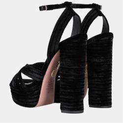 Pre Owned Aquazzura Velvet Block Heel Ankle Strap Sandals Size 36