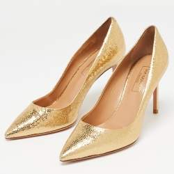 Aquazzura Gold Texture Leather Pointed Pumps Size 35