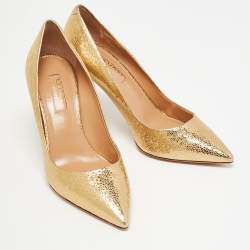 Aquazzura Gold Texture Leather Pointed Pumps Size 35