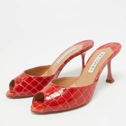 Pre Owned Aquazzura Red Croc Embossed Leather Mules Size 36