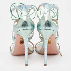 مملوكة مسبقًا Aquazzura Green/Silver Python Embossed Leather Ankle Strap Sandals Size 40