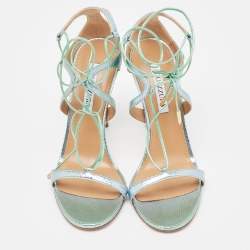 م ملوكة مسبقًا Aquazzura Green/Silver Python Embossed Leather Ankle Strap Sandals Size 40