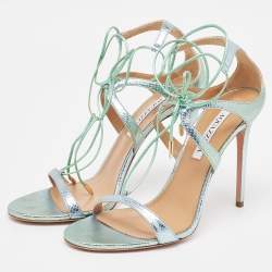 مملوكة مسبقًا Aquazzura Green/Silver Python Embossed Leather Ankle Strap Sandals Size 40