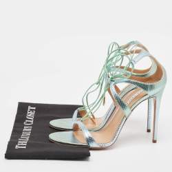 مملوكة مسبقًا Aquazzura Green/Silver Python Embossed Leather Ankle Strap Sandals Size 40