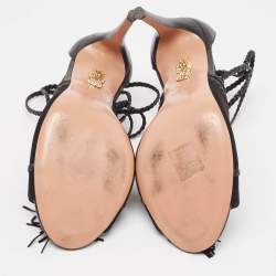 Pre Owned Aquazzura Black Leather and Suede Ankle Wrap Sandals Size 37