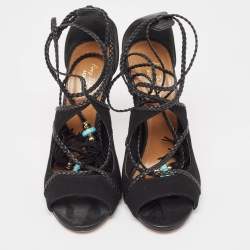 Pre Owned Aquazzura Black Leather and Suede Ankle Wrap Sandals Size 37