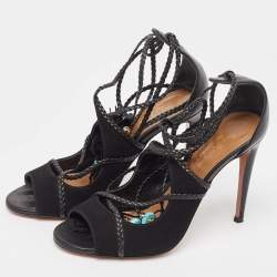 Pre Owned Aquazzura Black Leather and Suede Ankle Wrap Sandals Size 37