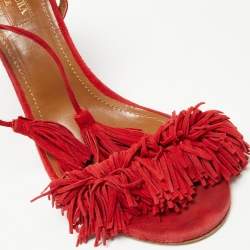 Pre Owned Aquazzura Red Fringed Suede Wild Thing Ankle Tie Sandals Size 38