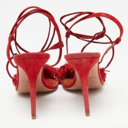 Pre Owned Aquazzura Red Fringed Suede Wild Thing Ankle Tie Sandals Size 38