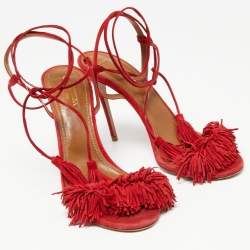 Pre Owned Aquazzura Red Fringed Suede Wild Thing Ankle Tie Sandals Size 38