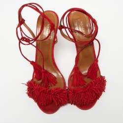 Pre Owned Aquazzura Red Fringed Suede Wild Thing Ankle Tie Sandals Size 38