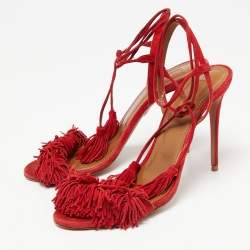 Pre Owned Aquazzura Red Fringed Suede Wild Thing Ankle Tie Sandals Size 38