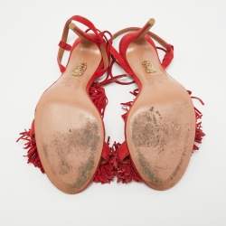 Pre Owned Aquazzura Red Fringed Suede Wild Thing Ankle Tie Sandals Size 38
