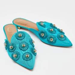 Aquazzura Torquise Fabric Embellished Flat Mules Size 38.5