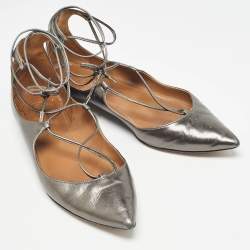 Aquazzura Metallic Leather Christy Ankle Wrap Ballet Flats Size 38.5