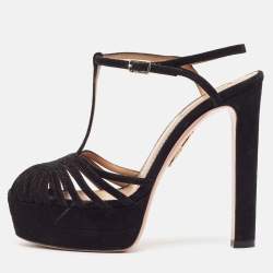 Pre Owned Aquazzura Black Suede T-Strap Platform Sandals Size 37