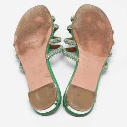 Pre Owned Aquazzura Green Crystal Embellished Leather Moondust Flat Slides Size 38