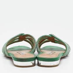 Pre Owned Aquazzura Green Crystal Embellished Leather Moondust Flat Slides Size 38