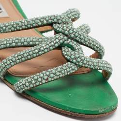Pre Owned Aquazzura Green Crystal Embellished Leather Moondust Flat Slides Size 38