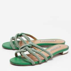 Pre Owned Aquazzura Green Crystal Embellished Leather Moondust Flat Slides Size 38