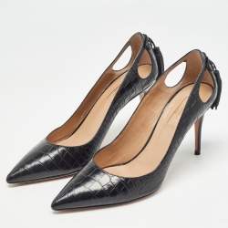 Pre Owned Aquazzura Black Croc Embossed Pointed Toe Pumps Size 37.5