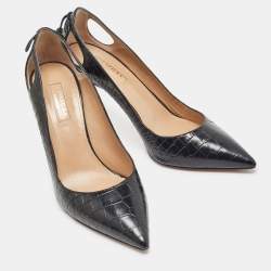 Pre Owned Aquazzura Black Croc Embossed Pointed Toe Pumps Size 37.5