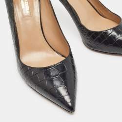 Pre Owned Aquazzura Black Croc Embossed Pointed Toe Pumps Size 37.5