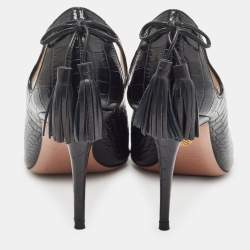 Pre Owned Aquazzura Black Croc Embossed Pointed Toe Pumps Size 37.5