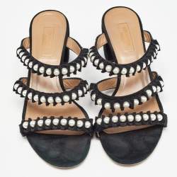 Aquazzura Black Suede and Canvas Love Story Slide Sandals Size 37.5