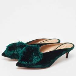 Pre Owned Aquazzura Green Velvet Powder Puff 45 Pompom-Embellished Mules Size 36.5