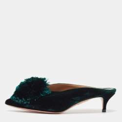 Pre Owned Aquazzura Green Velvet Powder Puff 45 Pompom-Embellished Mules Size 36.5