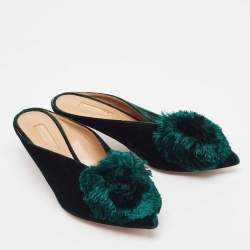 Pre Owned Aquazzura Green Velvet Powder Puff 45 Pompom-Embellished Mules Size 36.5