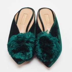 Pre Owned Aquazzura Green Velvet Powder Puff 45 Pompom-Embellished Mules Size 36.5