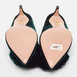 Pre Owned Aquazzura Green Velvet Powder Puff 45 Pompom-Embellished Mules Size 36.5