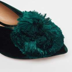 Pre Owned Aquazzura Green Velvet Powder Puff 45 Pompom-Embellished Mules Size 36.5