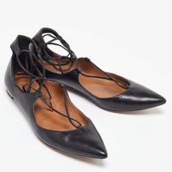 Pre Owned Aquazzura Black Leather Christy Flat Sandals Size 39