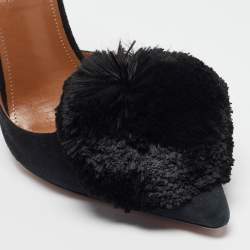 Pre Owned Aquazzura Black Suede and Fur Ankle Strap Pumps Size 37