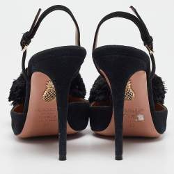 Pre Owned Aquazzura Black Suede and Fur Ankle Strap Pumps Size 37