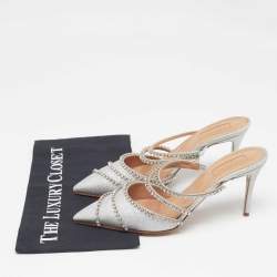 Pre Owned Aquazzura Silver Glitter Crystal Embellished Mules Size 38